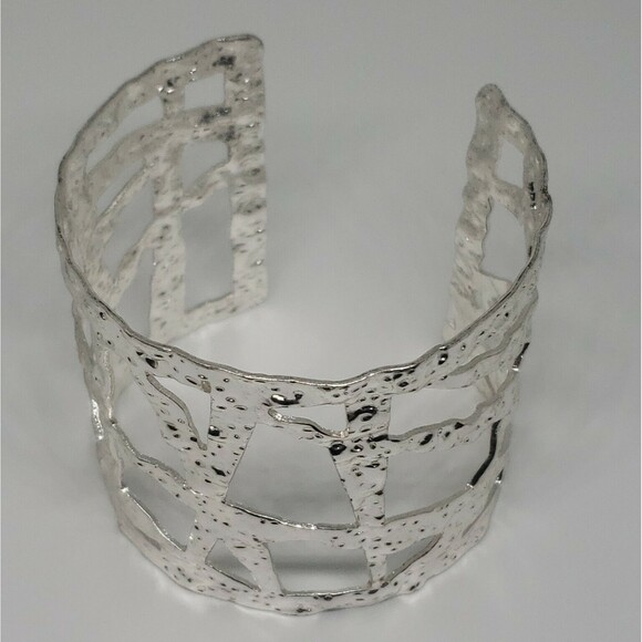 Silver Tone Cuff Bracelet Metal Geometric Cut Outs Heavy Weight Open Work - Picture 3 of 8